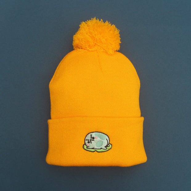 Angy Frog Lily Pom-Pom Beanie in Yellow